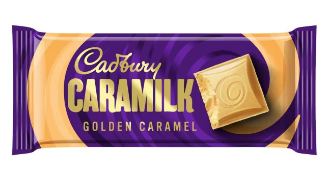 A bar of Cadbury Caramilk on a white background