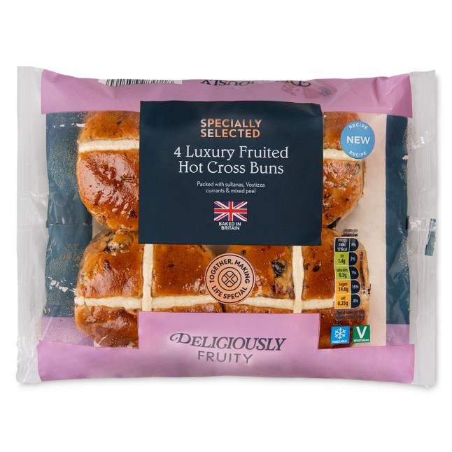 A packet of Aldi's specially Selected Luxury Fruited Hot Cross Buns on a white background