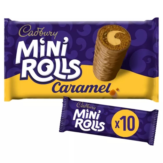 A packet of Cadbury Caramel Mini Rolls on a white background