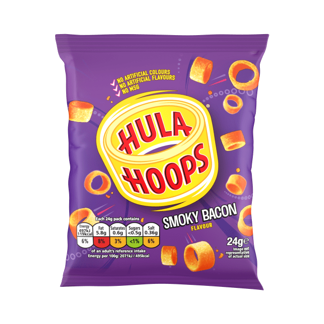 A packet of new Smoky Bacon Hula Hoops on a white background
