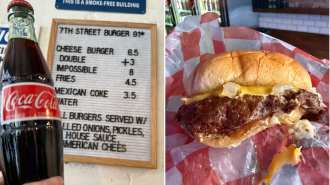 A split image showing the 7th Street burger menu and a bottle of Mexican Coca-Cola (left) and a cheese burger (right)