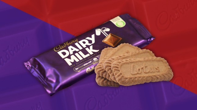 Dairy Milk block beside Biscoff