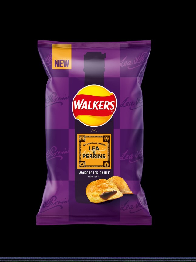 Walkers Worcester Sauce flavour crisps on a black background