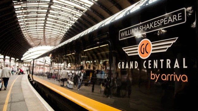 A close up of a Grand Central train in Newcastle station