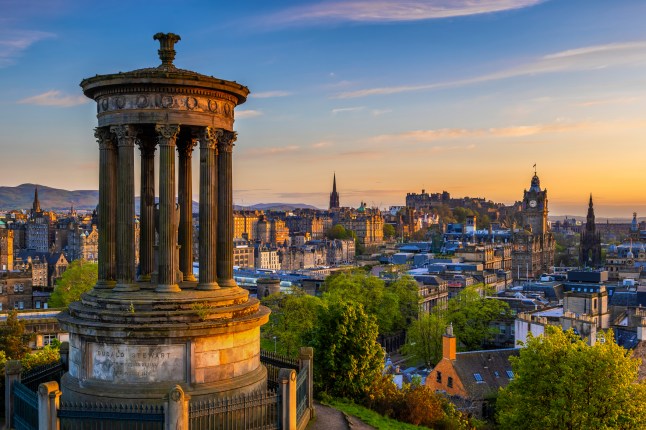 UK, Scotland, Edinburgh, View from Calton Hill with Dugald Stewart Monument in foreground