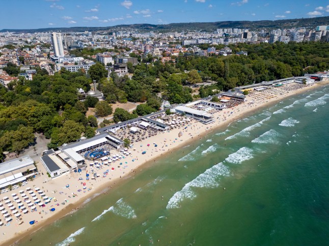 An aerial view of the bustling beachfront and promenade in Varna, Bulgaria.