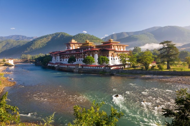 Punakha Dzong at the convergence of two rivers Mo Chhu and Pho Chhu, Punakha, Bhutan