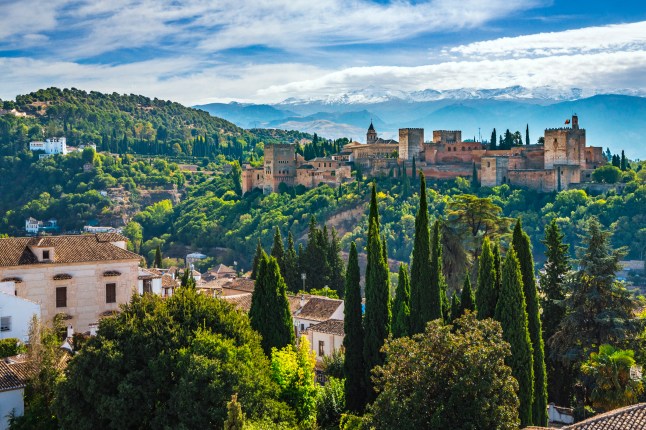A view of a forest and old town walls in Granada, Spain.