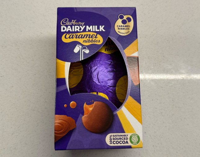 A Cadbury Dairy Milk Caramel Nibbles Easter Egg box