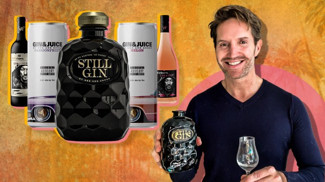 Rob Buckhaven holding a bottle of Snoop Dogg and Dr Dre's new gin, with images of the gin in cans on the left. The images are all on an orange background