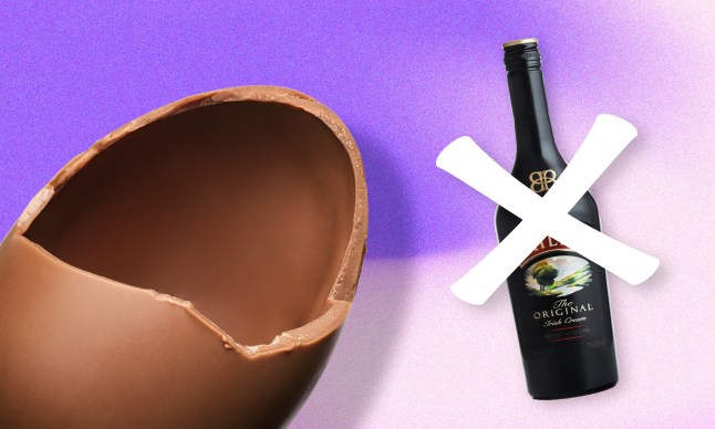 A chocolate Easter egg and bottle of Baileys with a cross through it on a purple background