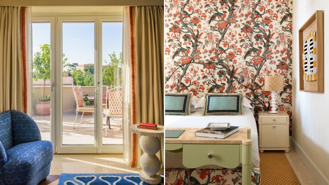 Left, a view through the window of a bedroom at Casa Monti hotel in Rome, with the balcony and chairs visible on the other side. Right, the floral wallpaper and bed in the room.
