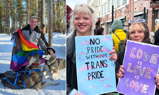 Left, Calum McSwiggan plays with huskies in the snow in Rovaniemi while holding a Pride flag, and right, two people holding Trans rights and Pride signs at Arctic Pride.