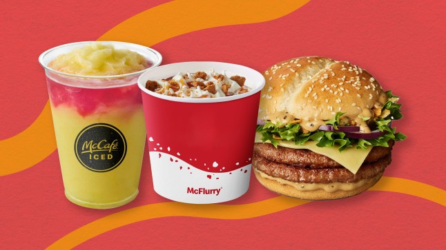 McDonald's new menu items, (L-R) including the new Frozen Cherry Lemonade, the Biscoff McFlurry and the Steakhouse Stack burger on a red and orange background