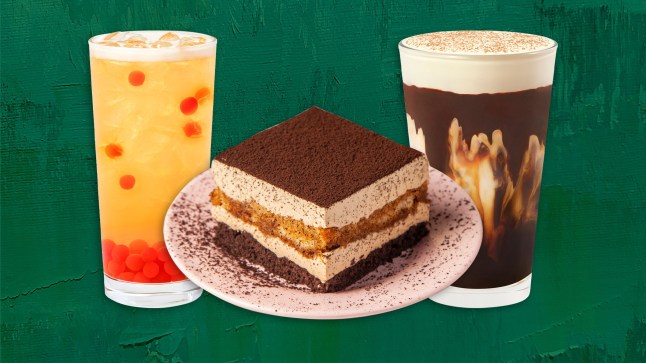 Starbucks new menu items, including a Melon Pearl refresha (left) and a Tiramisu Cream Iced Oat Shaken Espresso (right) with a tiramisu in the middle. Images on a green background