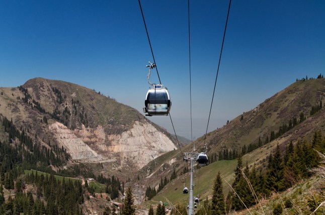Ski lifts to Shymbulak ski resort. It is located in the upper part of the Medeu Valley in the Zaiilisky Alatau mountain range, at the elevation of 2200 meters above sea level.
