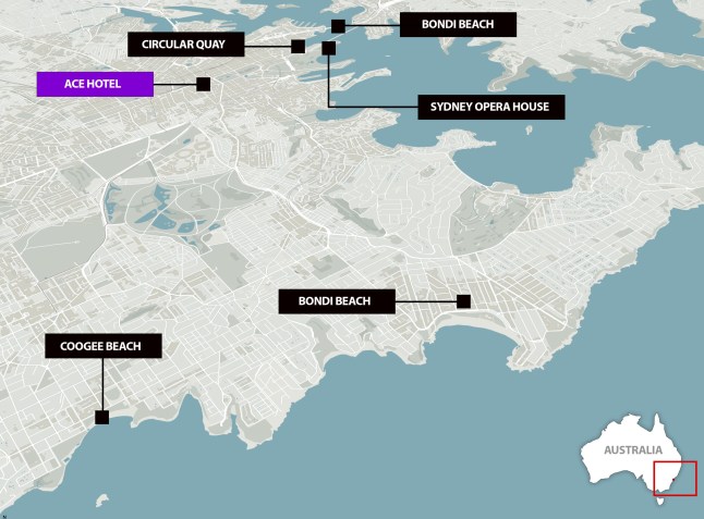 A map showing the location of the Ace Hotel in Sydney, compared to Bondi Beach and Circular Quay