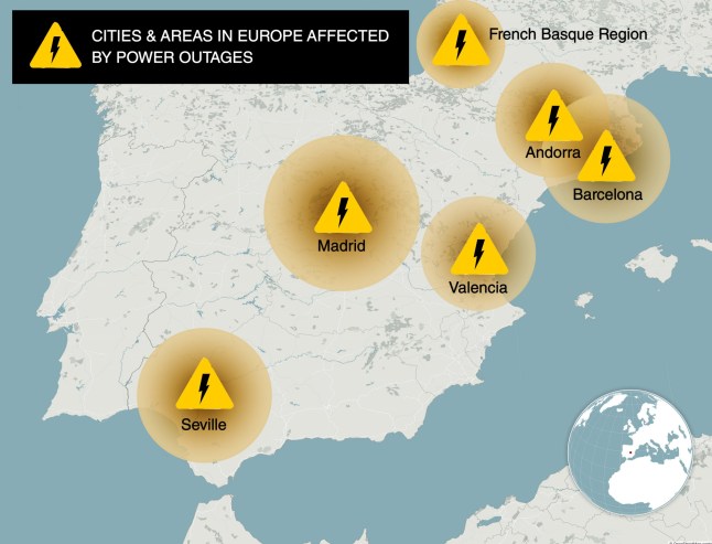 Map shows cities hit by power outage across Spain and Portugal
