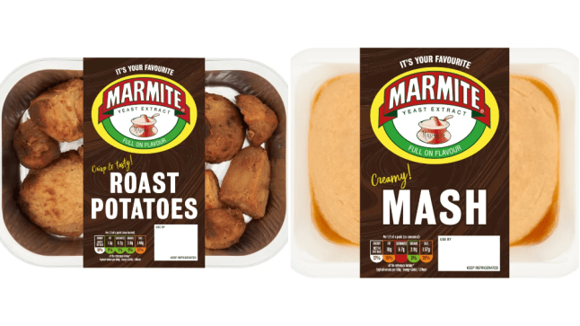 A packet of Marmite roast potatoes (left) and a pack of Marmite mash (right)