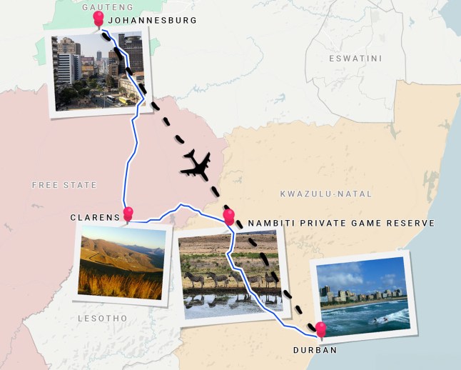 Map of the proposed route to take an alternative safari in South Africa