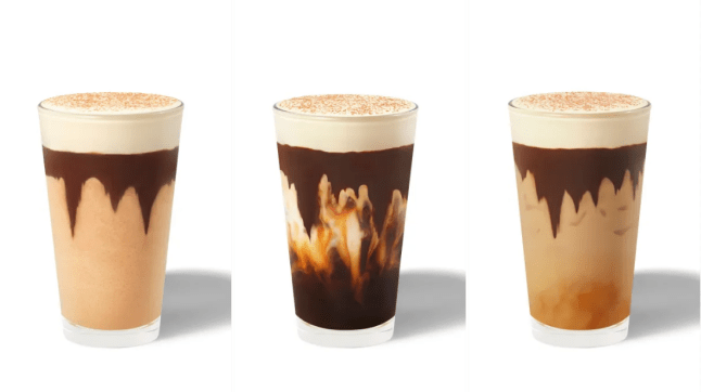 Tiramisu Frappuccino blended beverage (left), Tiramisu Cream Iced Oat Shaken Espresso (middle) and Tiramisu Cream Iced Latte (right)