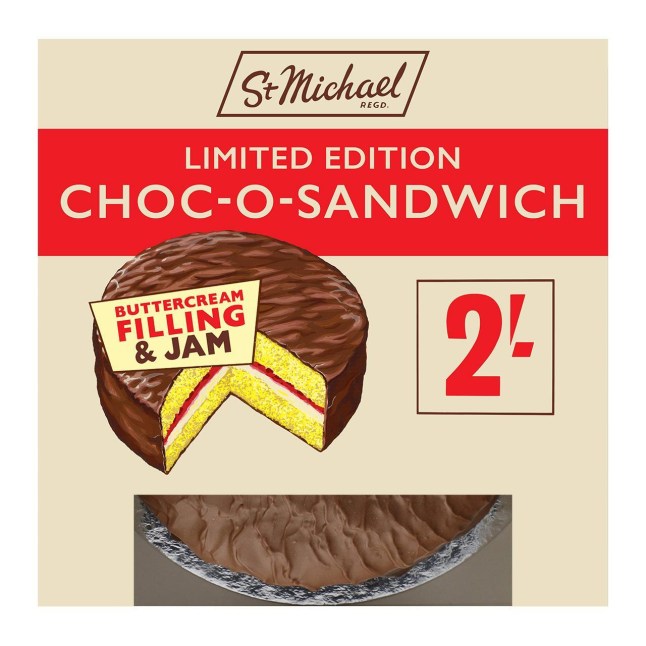 The Choc-O-Sandwich cake with retro packaging from M&S on a white background