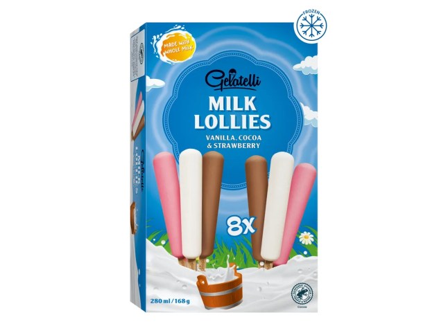 A box of Milk Lollies from Lidl on a white background