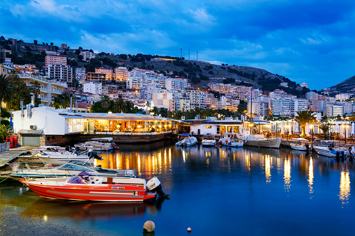 Albania, Vlore County, Saranda, Fishing harbour in the evening