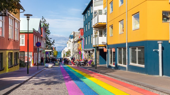 The Klapparstigur pedestrian street painted with the gay pride colors in Reykjavik, Iceland.