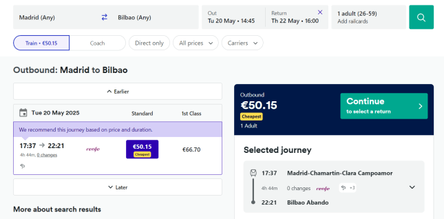A train ticket booking screen, from Madrid to Bilbao