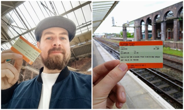 Jon Fellowes holding up his Platform Train Ticket in a railway station.