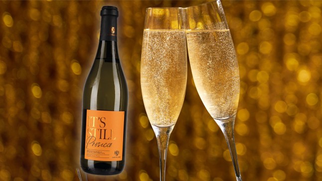 Aldi's new still Prosecco and a glass of fizz on a sparkly background