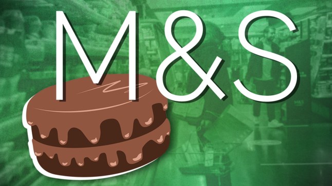 The Marks & Spencer logo and an illustration of a chocolate cake with a green background