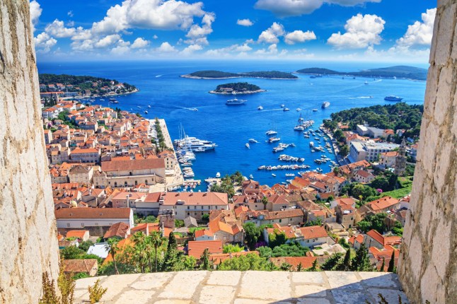 Top view of the city harbour and marina of the town of Hvar from the fortress, on the island of Hvar on the Adriatic coast of Croatia.