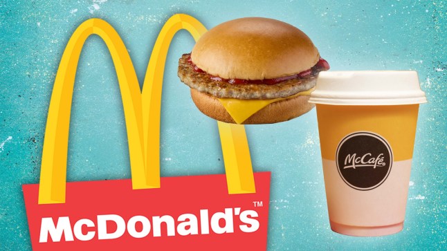 McDonald's logo, sausage sandwich and a coffee on a blue background