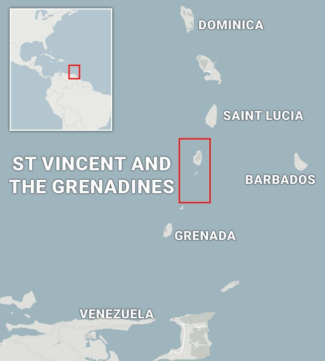 A map showing St Vincent and the Grenadines in the Caribbean