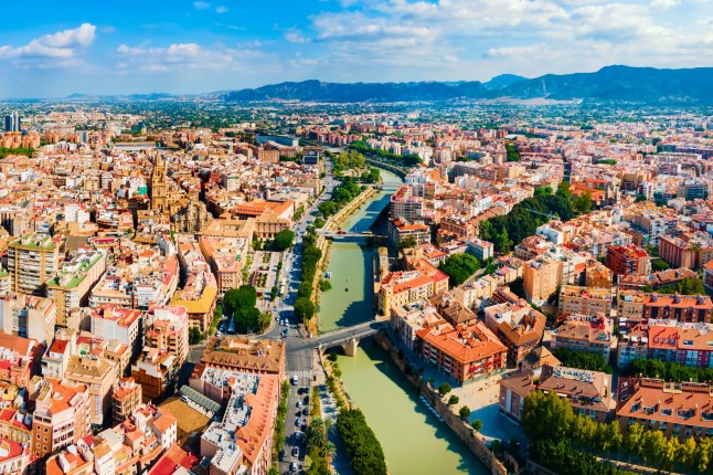 Murcia city centre and Segura river aerial panoramic view. Murcia is a city in south eastern Spain.