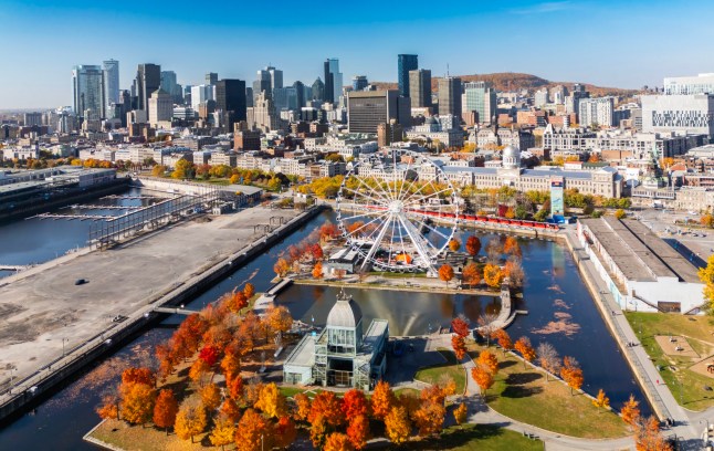 Aerial view of Montreal Old Port in autumn