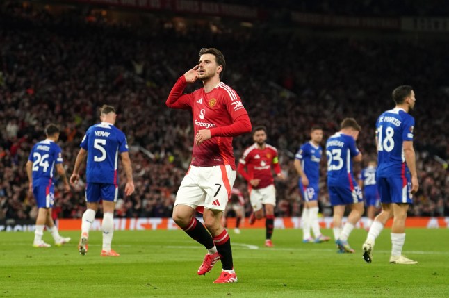 Manchester United's Mason Mount celebrates scoring their side's first goal of the game during the UEFA Europa League semi-final second leg match at Old Trafford
