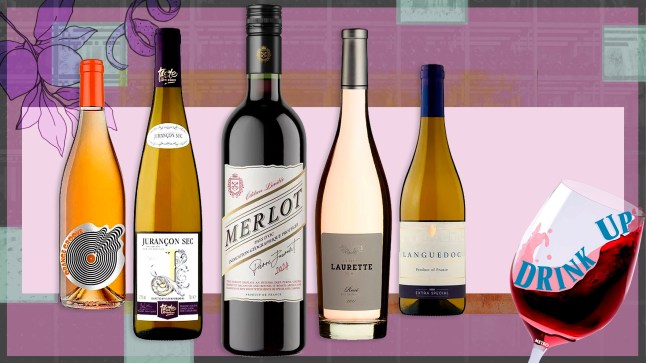 A selection of wine bottles, all from Languedoc, next to Metro's Drink Up column logo of a wine glass.