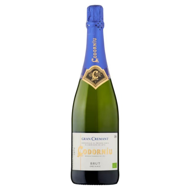 A bottle of Codorniu Gran Crémant Cava Brut Organic on a white background