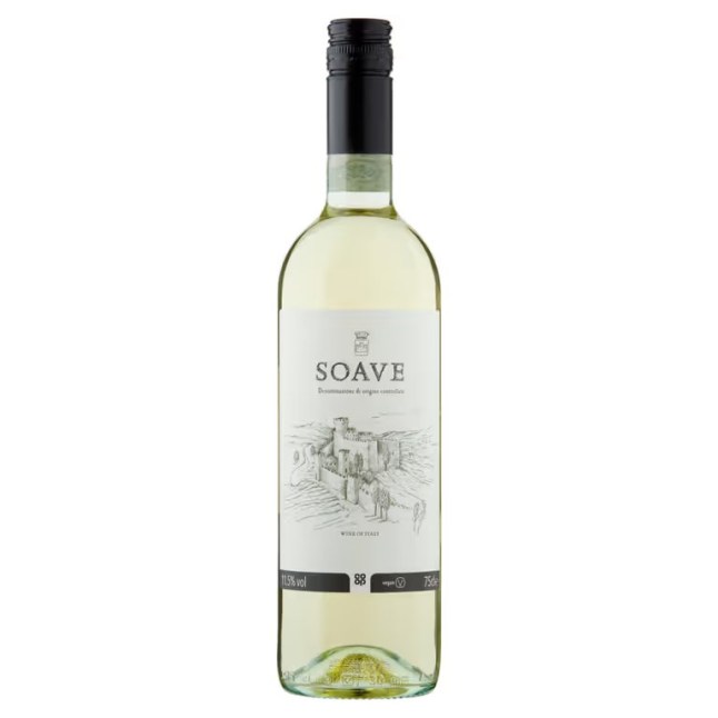 A bottle of Co-op Soave wine on a white background