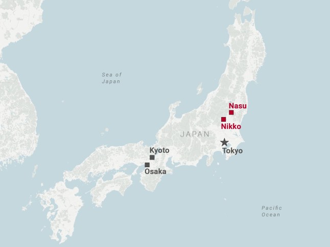 A map of Japan with lesser-visited spots including Nikko and Nasu highlighted