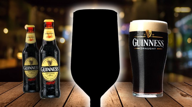 Guiness bottle of beer and pint either side of a mysterious pint