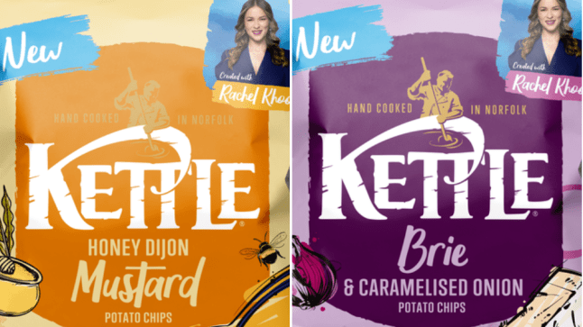 A split image showing the two new Kettle Chips flavours, including Honey Dijon Mustard (left) and Brie and Caramelised Onion (right)